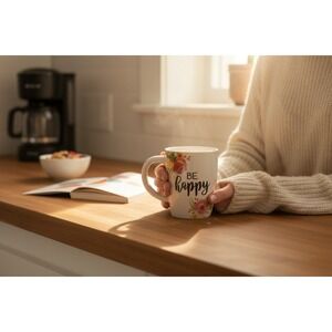 Transpac Be Happy Floral Ceramic Coffee Mug White Brand New Inspirational 14oz